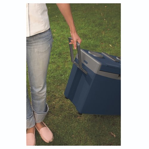 The Waeco W35 portable Cool Box adaptable carry handle in pulling position.